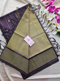 Mehndi Green with Brown Pallu and  Stripes Border Handwoven Chinnalampattu Saree