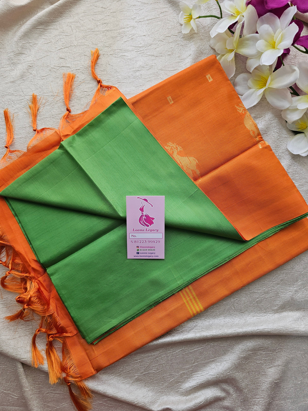 Green with Orange Pallu Handwoven Chinnalampattu Saree