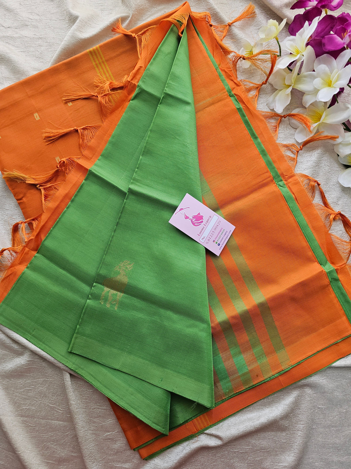 Green with Orange Pallu Handwoven Chinnalampattu Saree