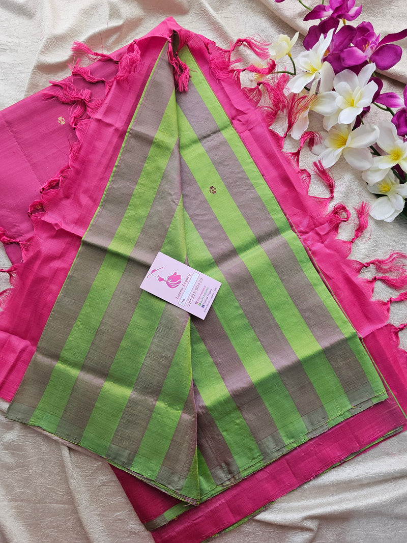 Green with Pink Stripes Handwoven Chinnalampattu Saree