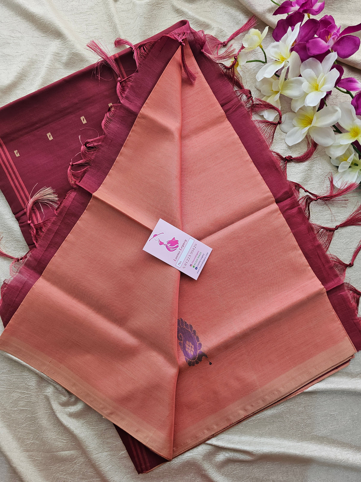 Peach with Maroon Pallu Handwoven Chinnalampattu Saree