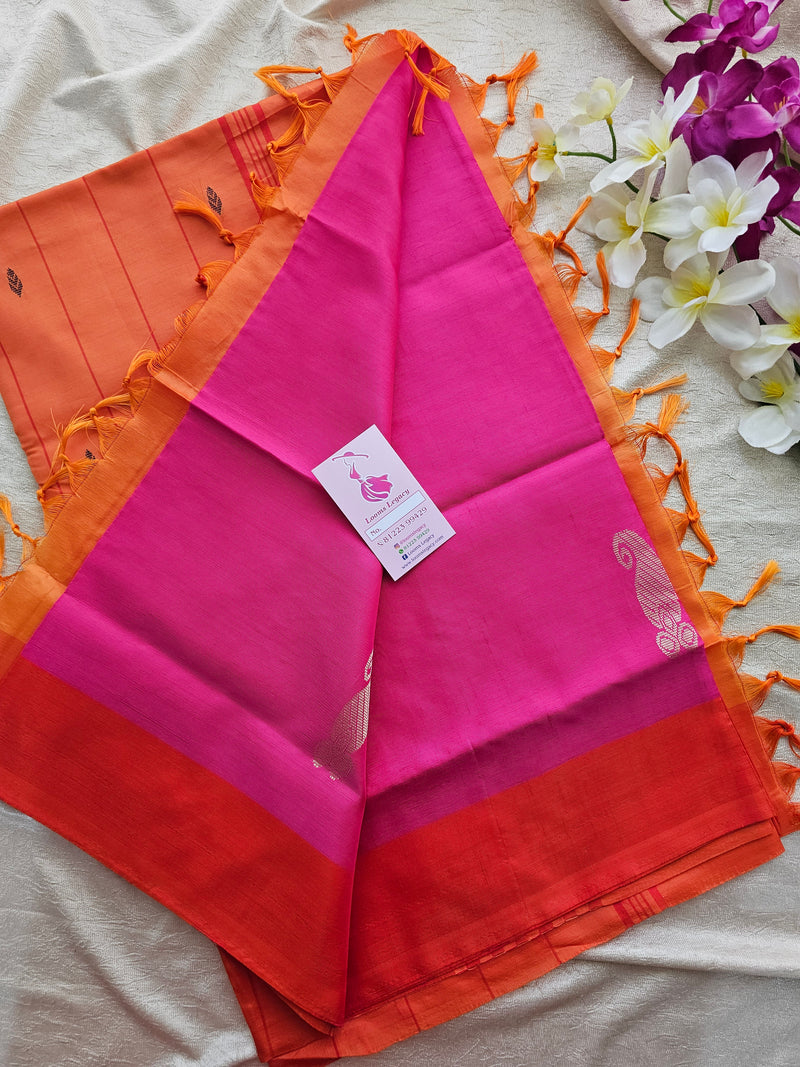 Pink with Orange Pallu  Border Handwoven Chinnalampattu Saree