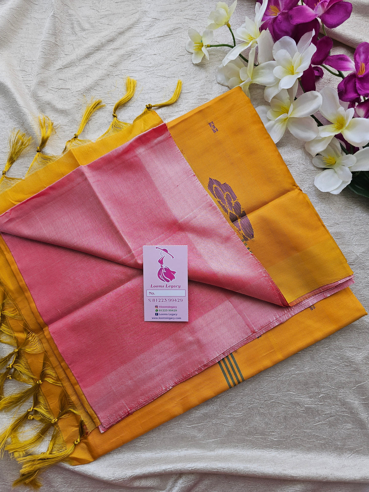 Pastel Pink with Mango Yellow Handwoven Chinnalampattu Saree