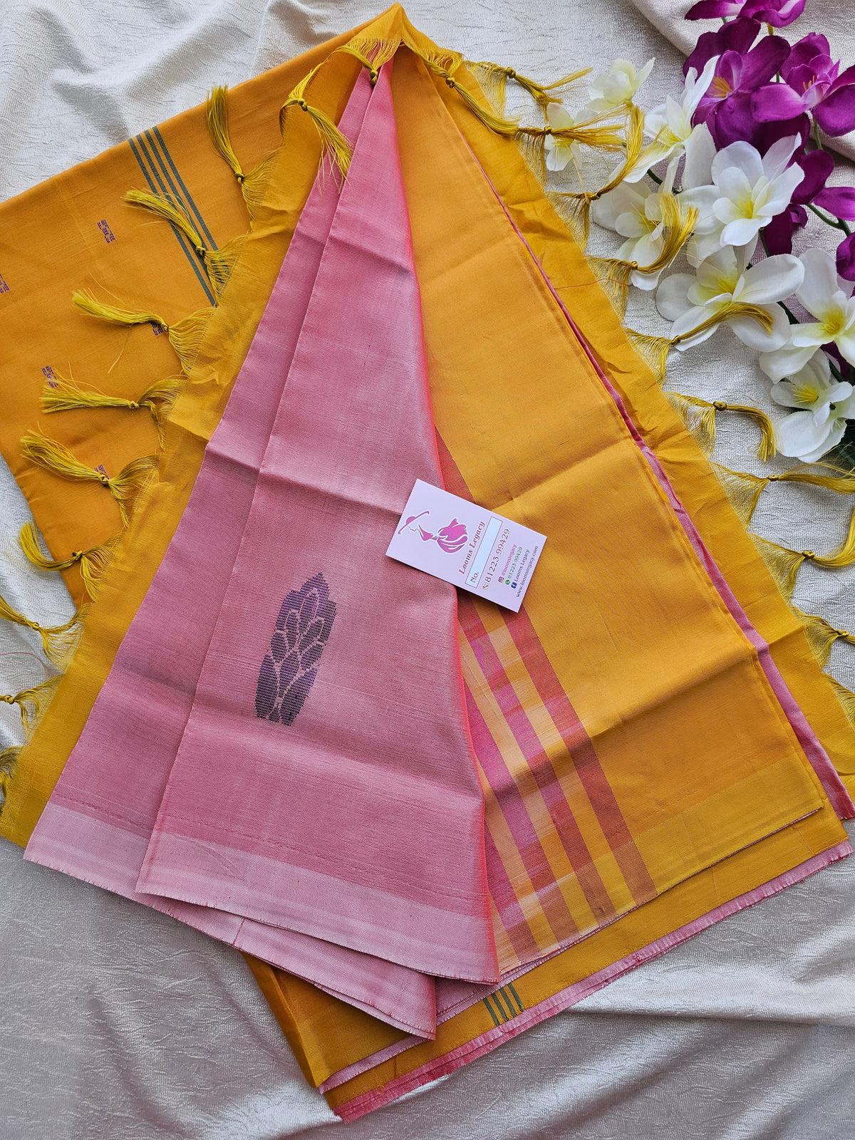 Pastel Pink with Mango Yellow Handwoven Chinnalampattu Saree