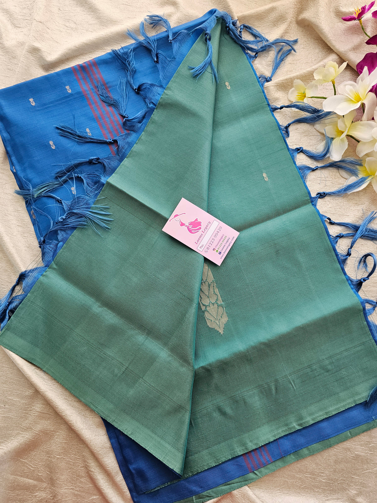 Dark Sea Green with Blue Pallu Handwoven Chinnalampattu Saree