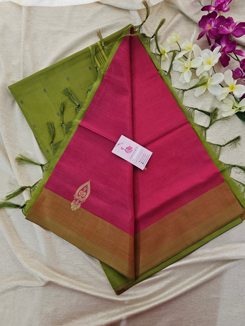 Magenta Pink with Green Pallu Border Handwoven Chinnalampattu Saree