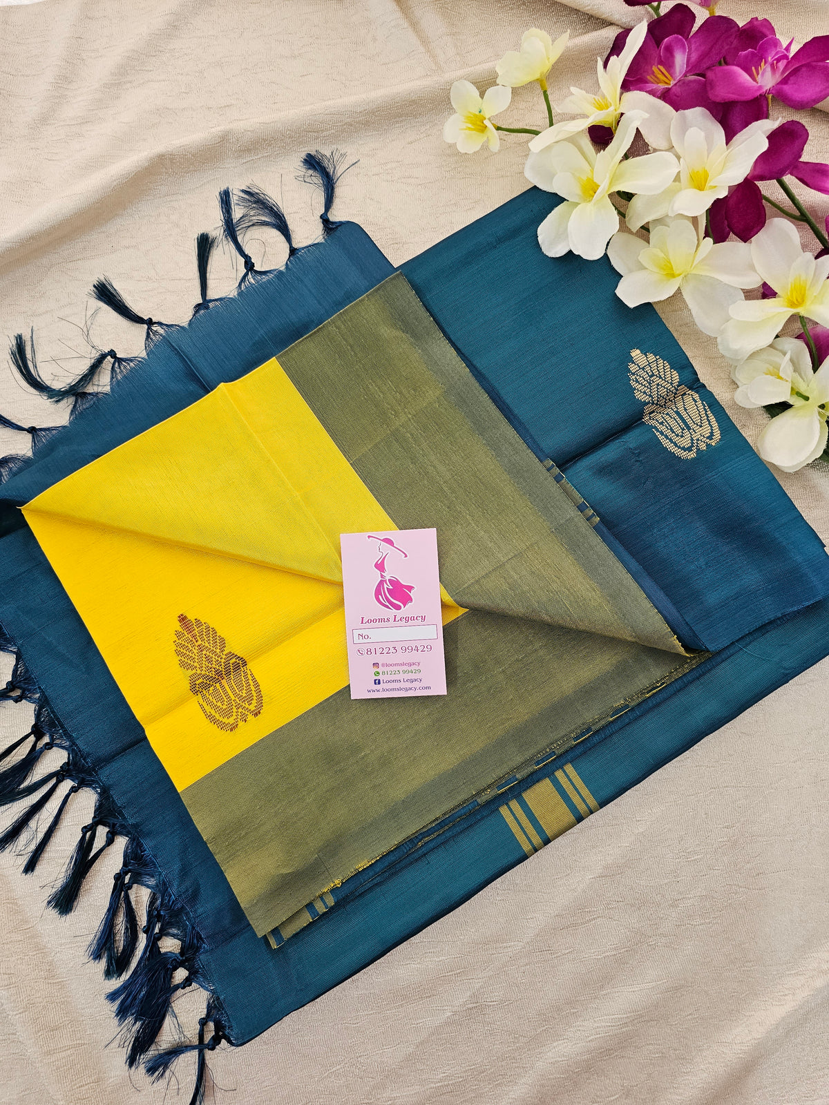 Yellow with Peacock Blue Pallu Handwoven Chinnalampattu Saree