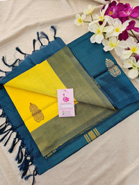 Yellow with Peacock Blue Pallu Handwoven Chinnalampattu Saree