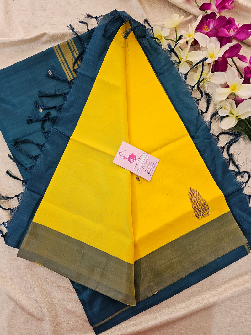 Yellow with Peacock Blue Pallu Handwoven Chinnalampattu Saree