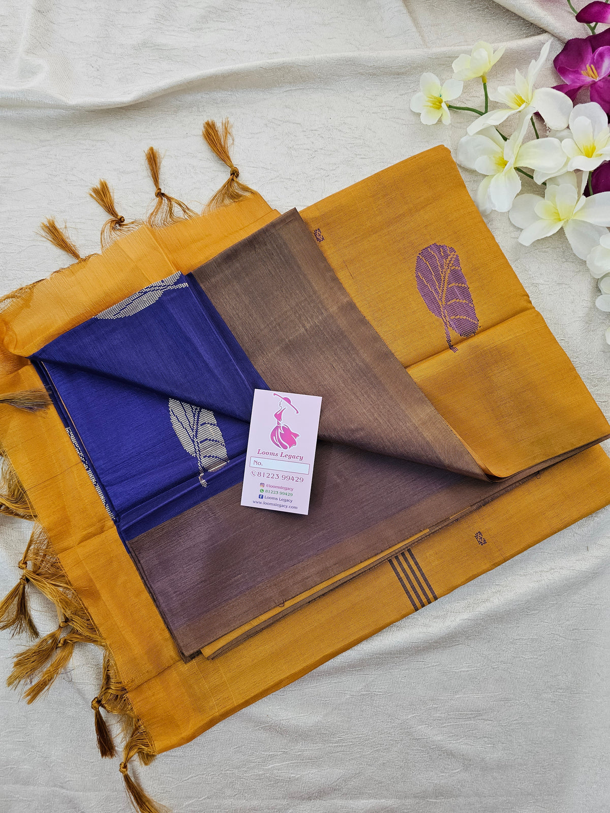 Blue with Mustard Yellow Pallu Border Handwoven Chinnalampattu Saree