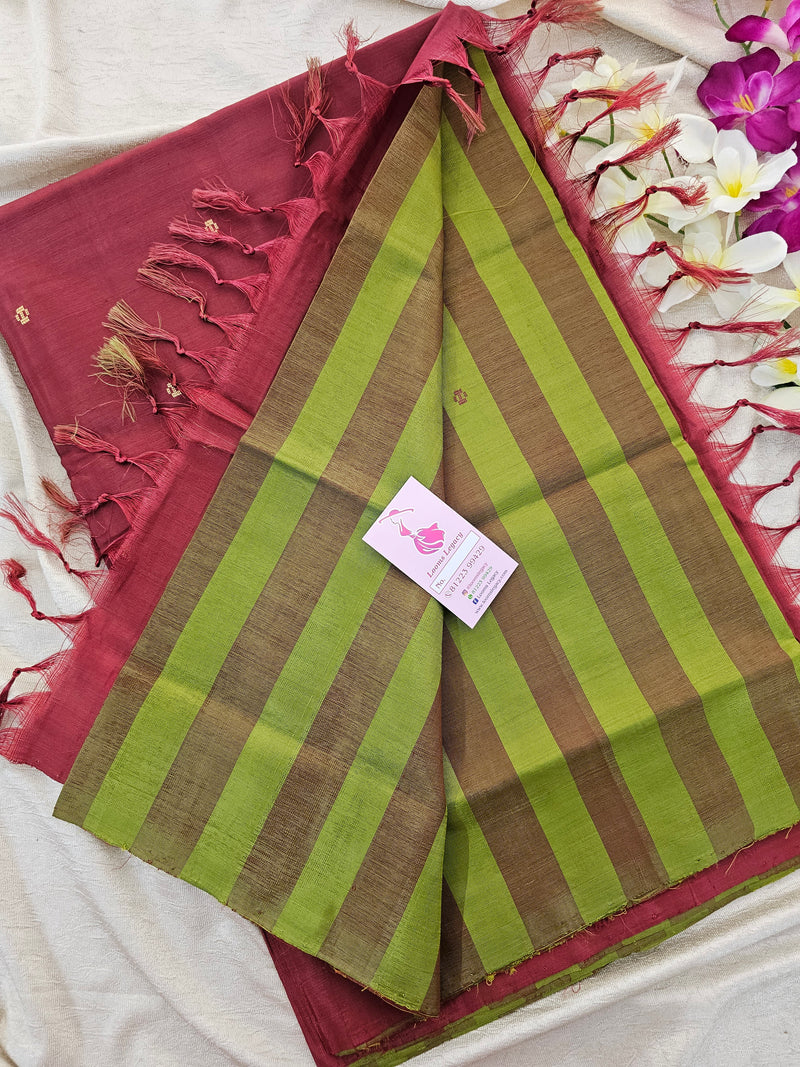 Green with Maroon Stripes Handwoven Chinnalampattu Saree