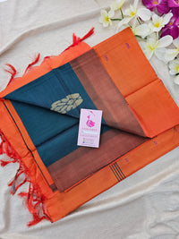 Peacock Green with Orange Pallu Border Handwoven Chinnalampattu Saree