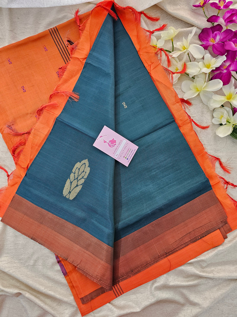 Peacock Green with Orange Pallu Border Handwoven Chinnalampattu Saree