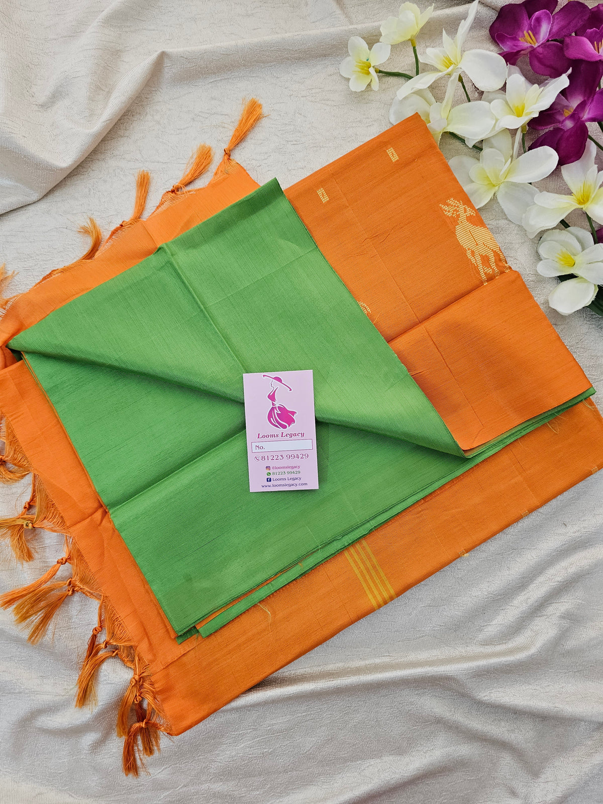 Green with Orange Pallu Handwoven Chinnalampattu Saree