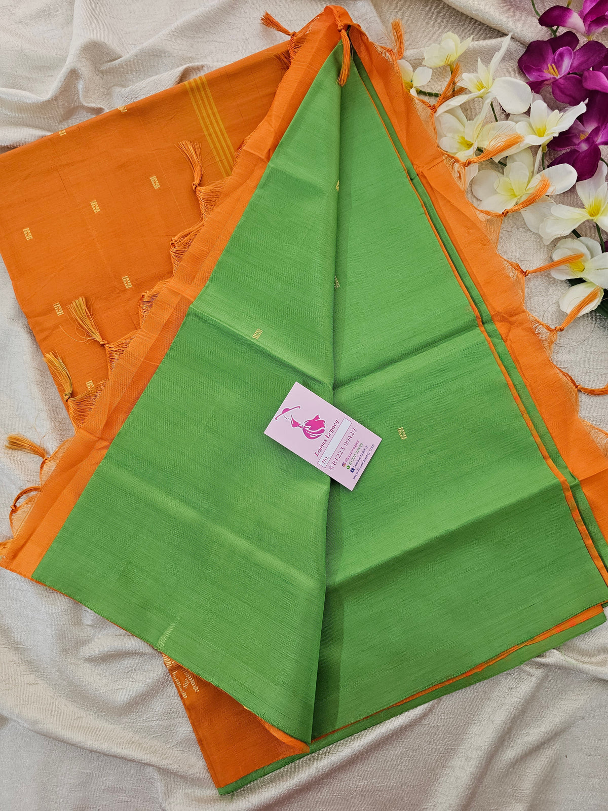 Green with Orange Pallu Handwoven Chinnalampattu Saree