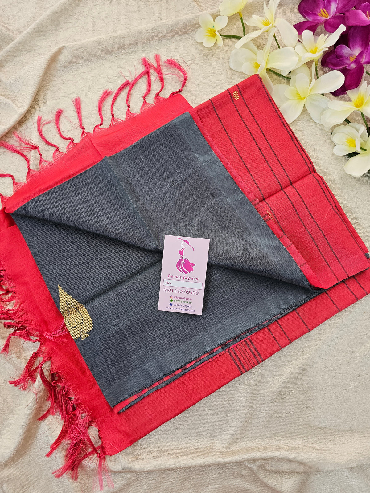 Grey with Reddish Pink Pallu Handwoven Chinnalampattu Saree