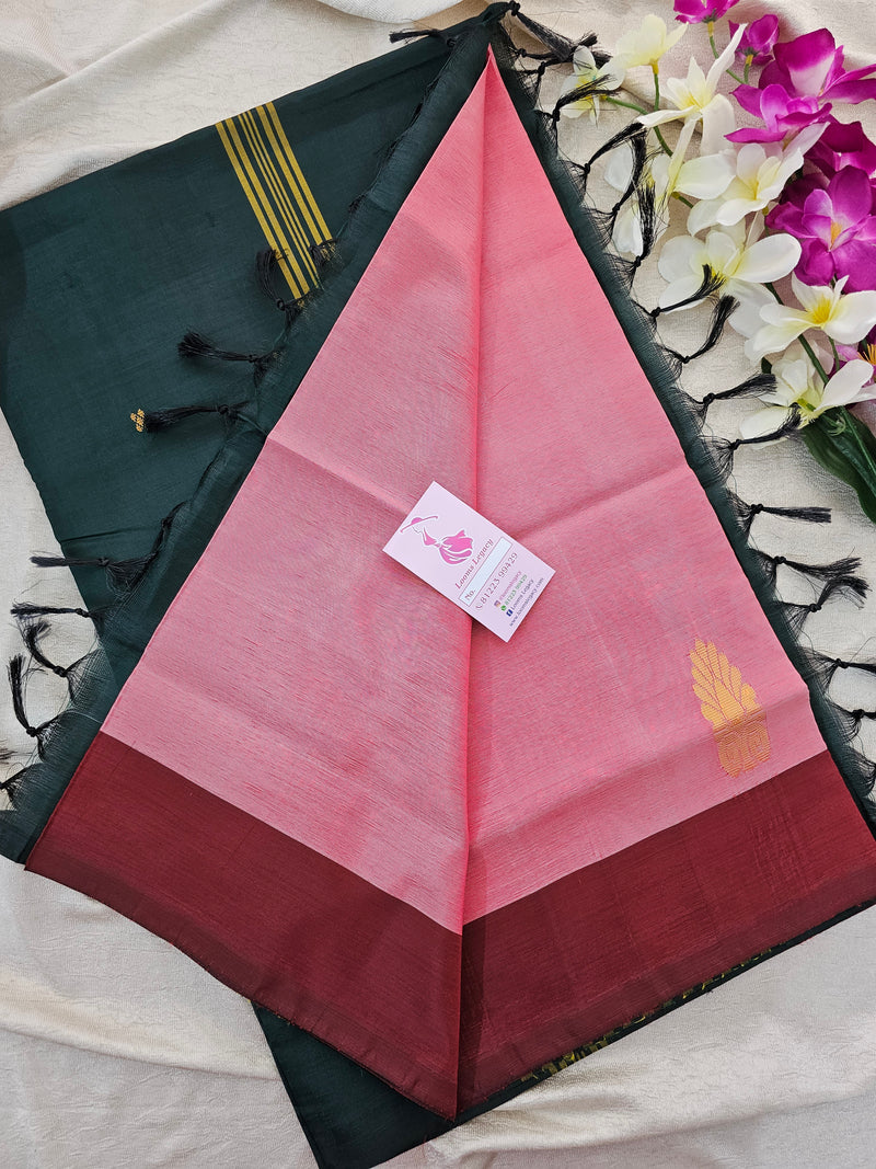 Pink cum Marron with Bottle Green Pallu Border Handwoven Chinnalampattu Saree