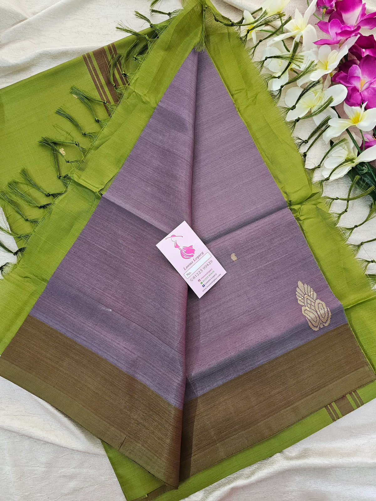 Dual Shade Maroom cum Grey with Green Pallu Border Handwoven Chinnalampattu Saree