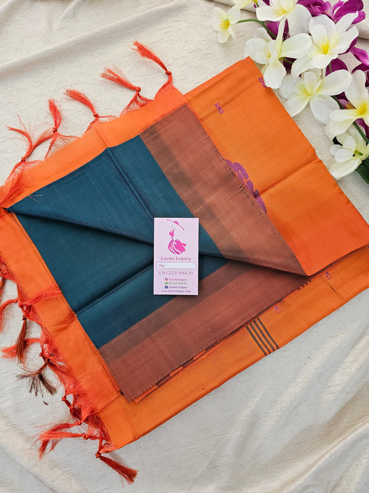 Peacock Green with Orange Pallu Border Handwoven Chinnalampattu Saree