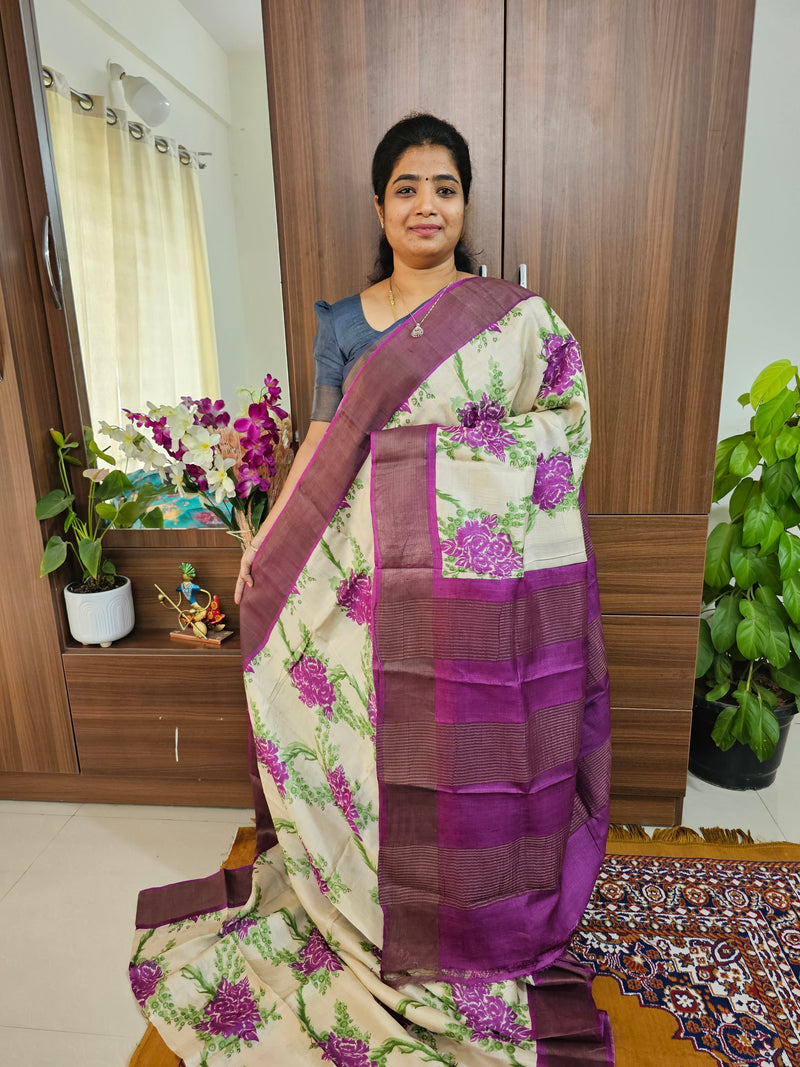 Cream with Purple Handwoven Tussar Silk Saree with Zari Border