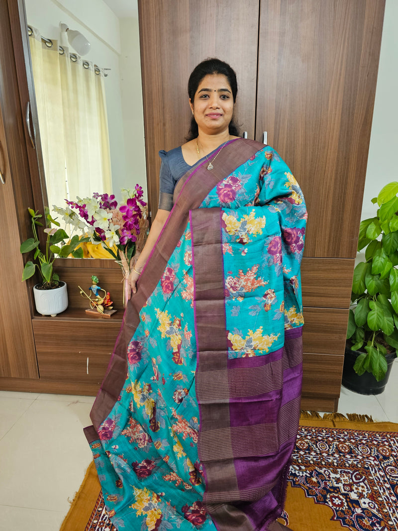 Dark Sea Blue with Purple Handwoven Tussar Silk Saree with Zari Border