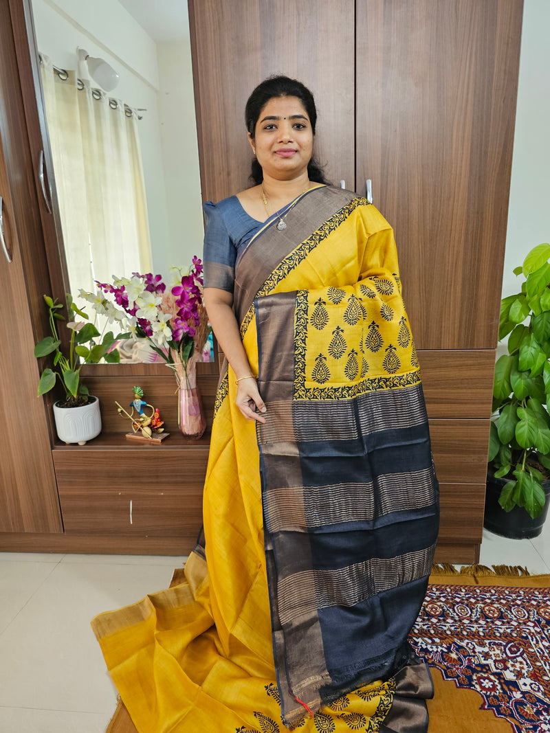 Mustard Yellow with Black Handwoven Tussar Silk Saree with Zari Border