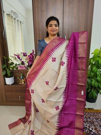 Cream with Magenta Pink Handwoven Tussar Silk Saree with Zari Border