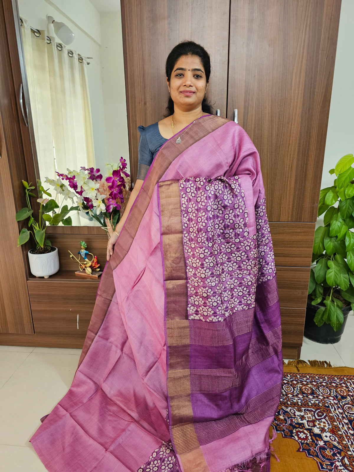 Purple Handwoven Tussar Silk Saree with Zari Border