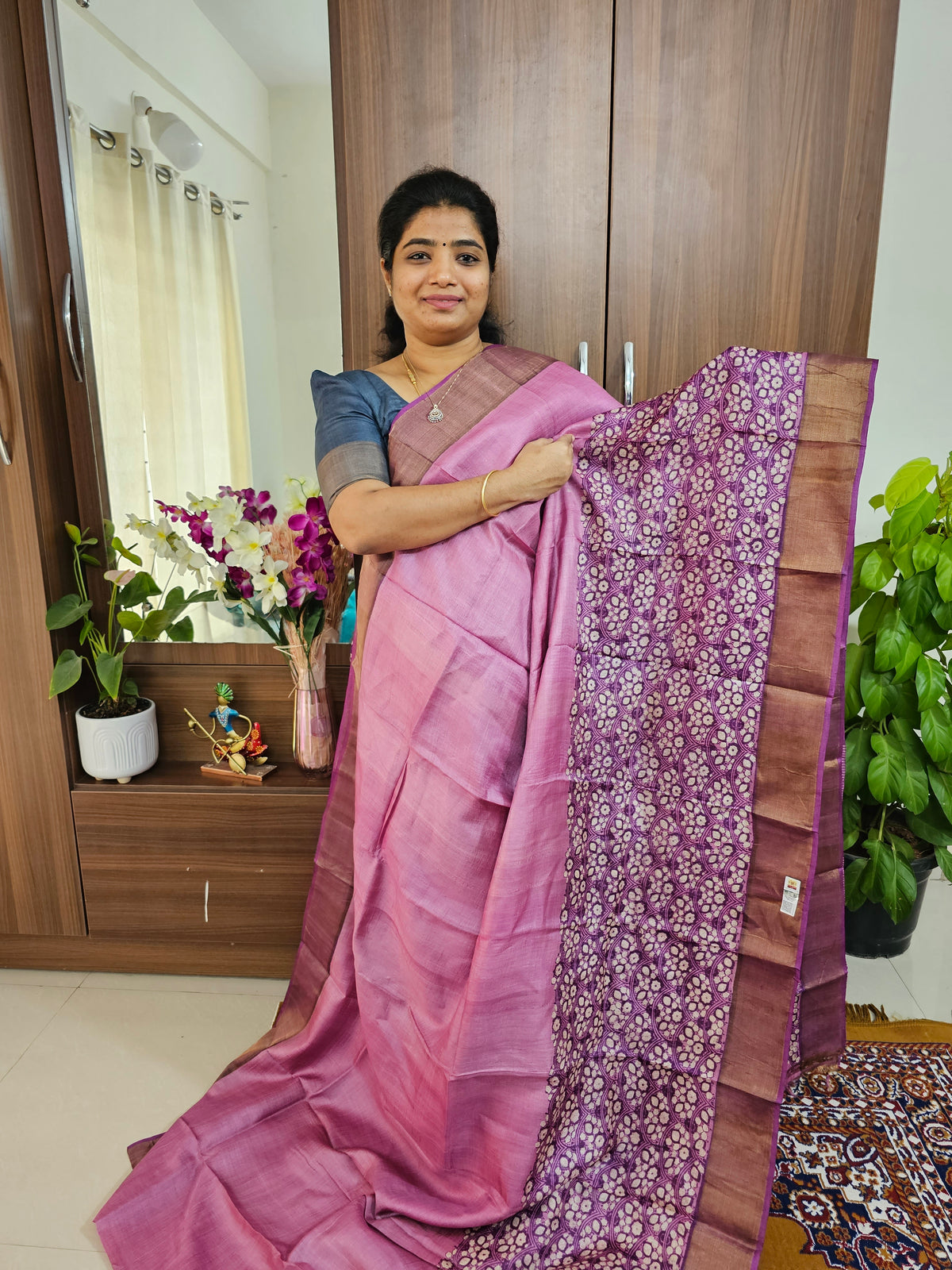 Purple Handwoven Tussar Silk Saree with Zari Border