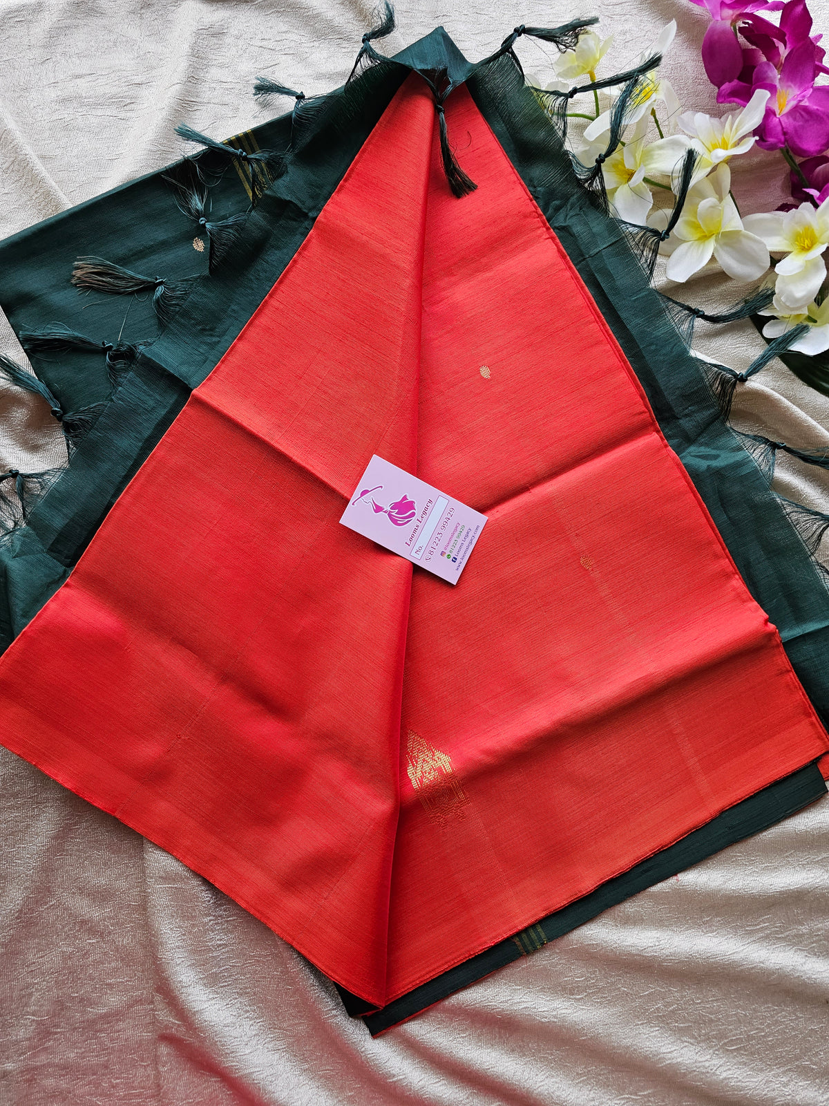 Reddish Orange with Bottle Green Pallu Handwoven Chinnalampattu Saree