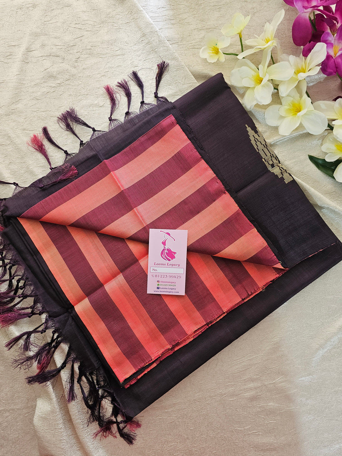 Peachish Pink with Brown Stripes Handwoven Chinnalampattu Saree