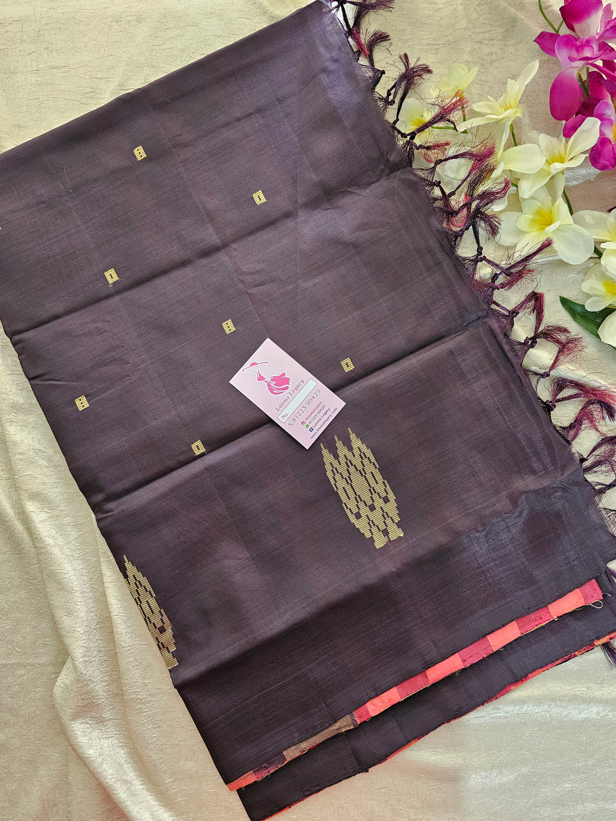 Peachish Pink with Brown Stripes Handwoven Chinnalampattu Saree