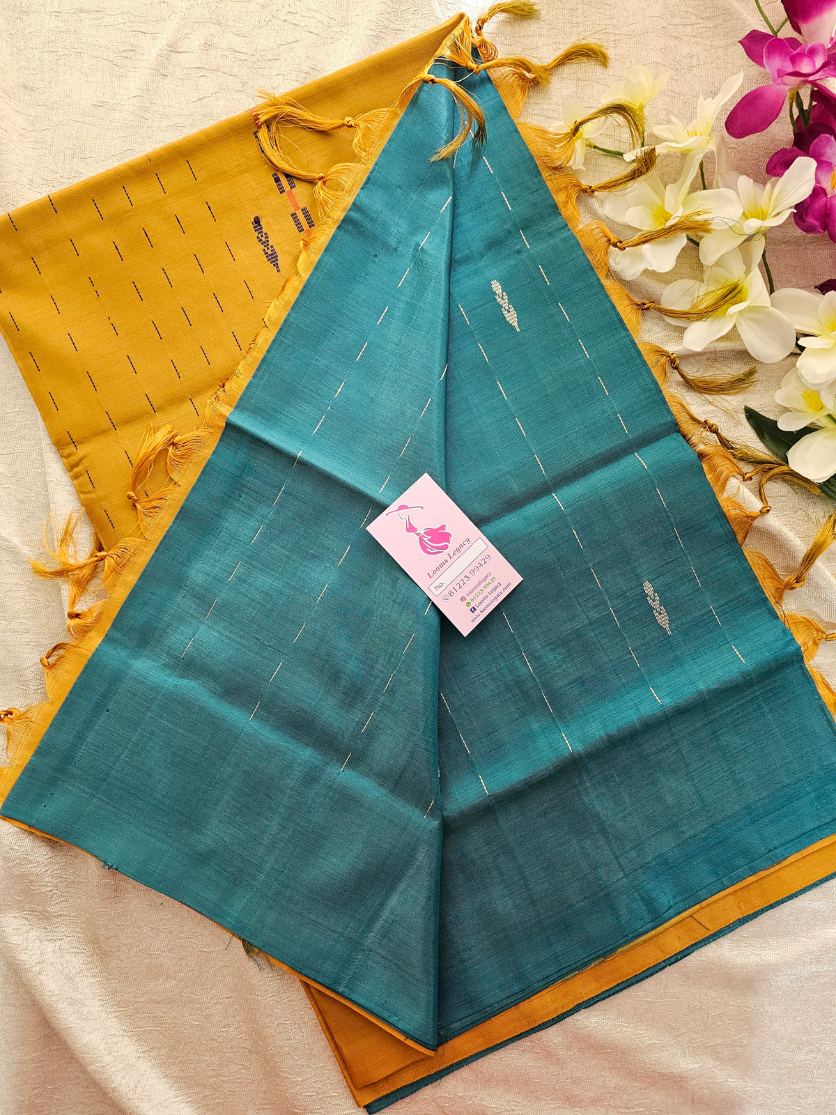 Peacock Green with Mustard  Yellow Handwoven Chinnalampattu Saree