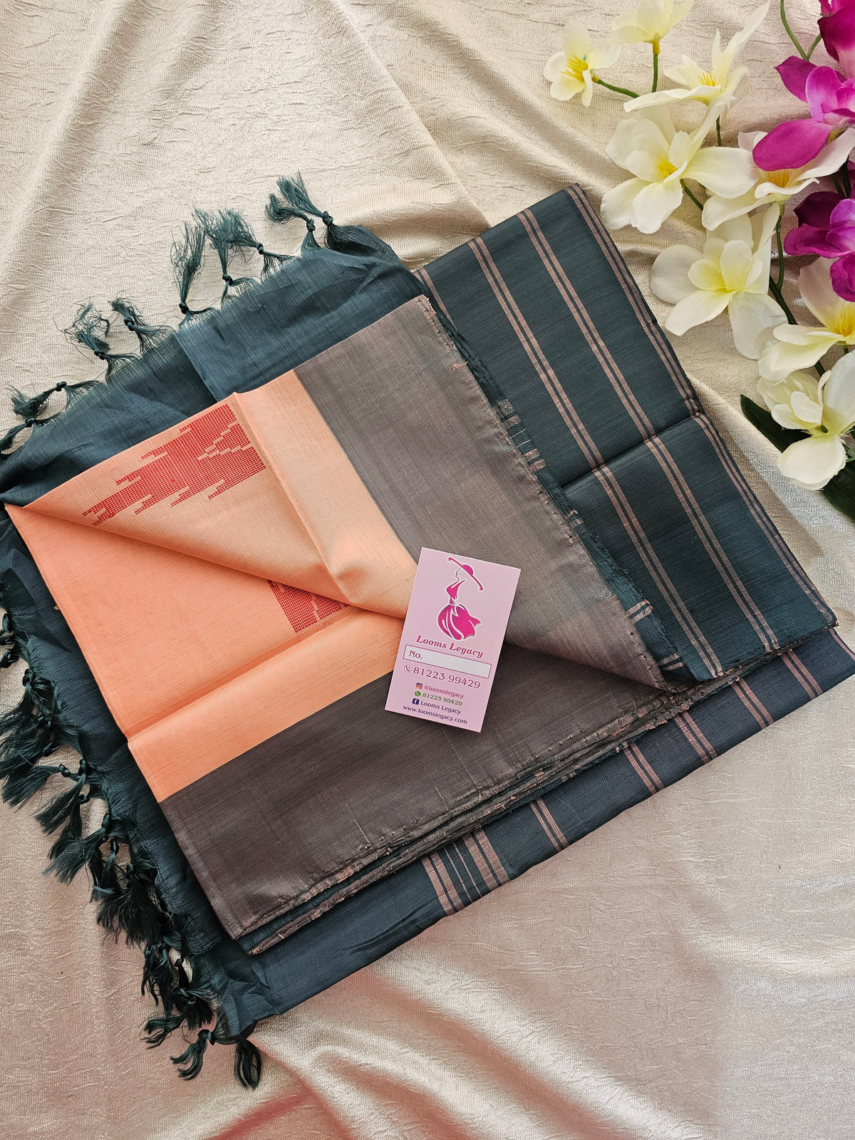 Peachish Pink with Peacock Green Handwoven Chinnalampattu Saree