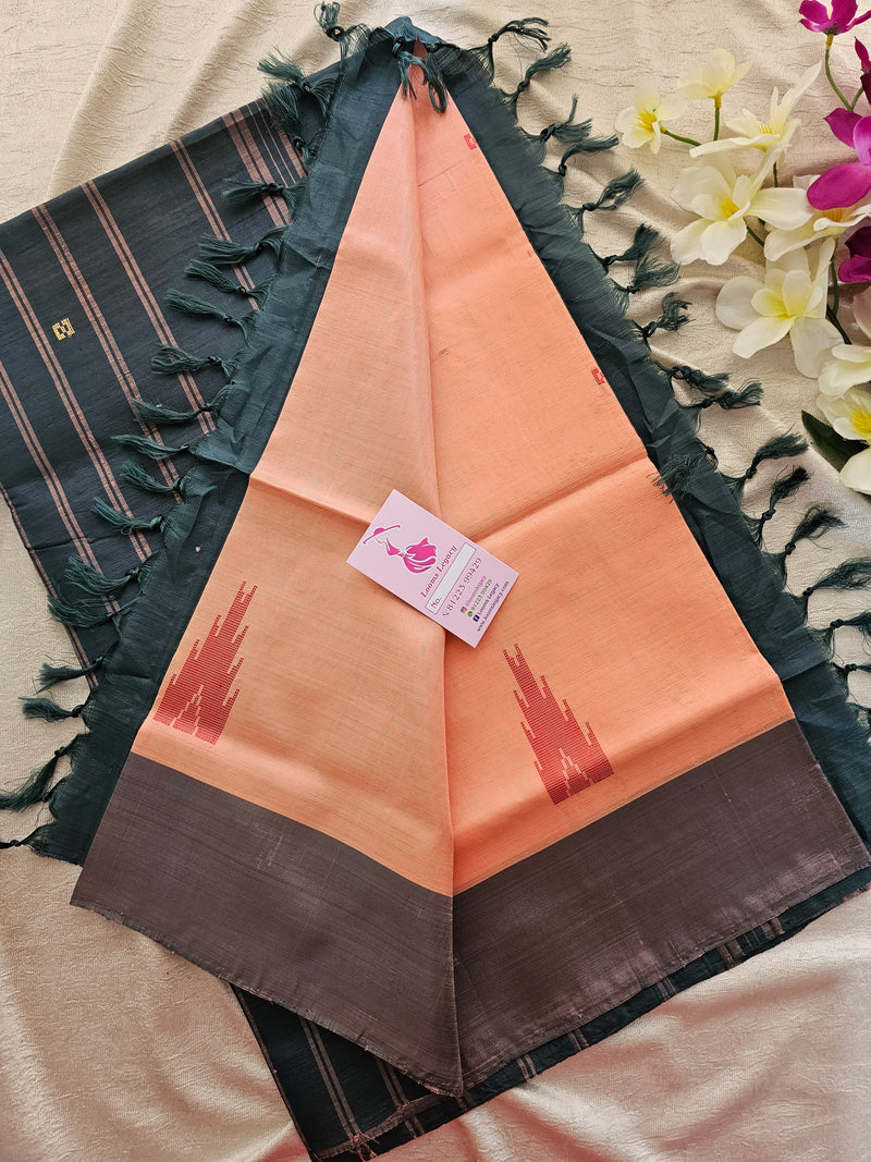 Peachish Pink with Peacock Green Handwoven Chinnalampattu Saree