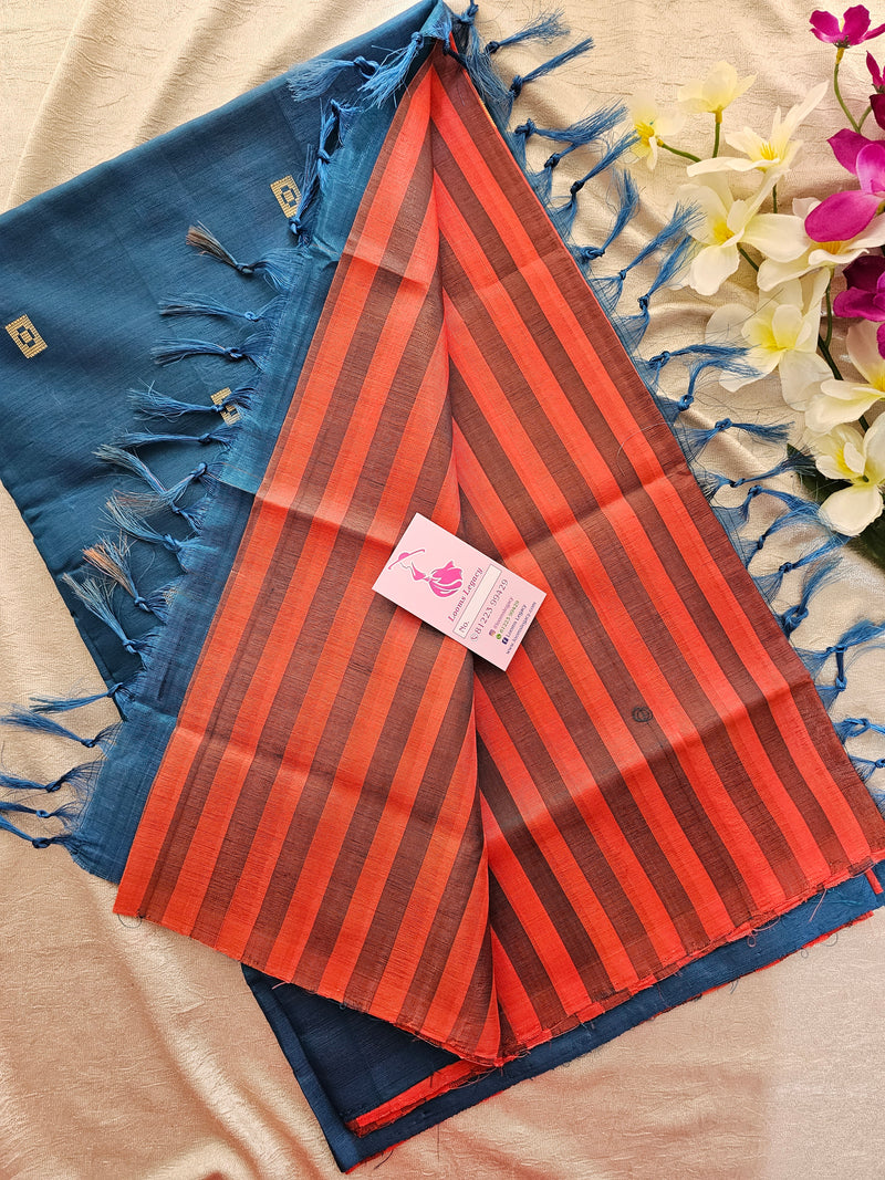 Red with Blue Stripes Handwoven Chinnalampattu Saree