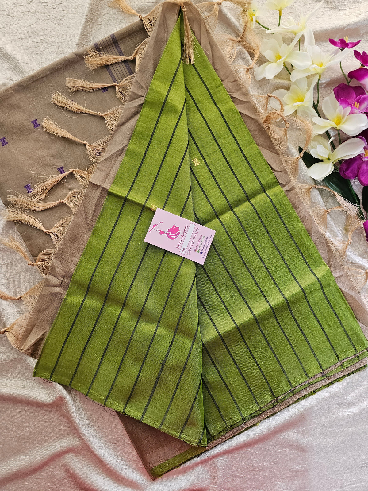 Green with Cream Stripes Handwoven Chinnalampattu Saree