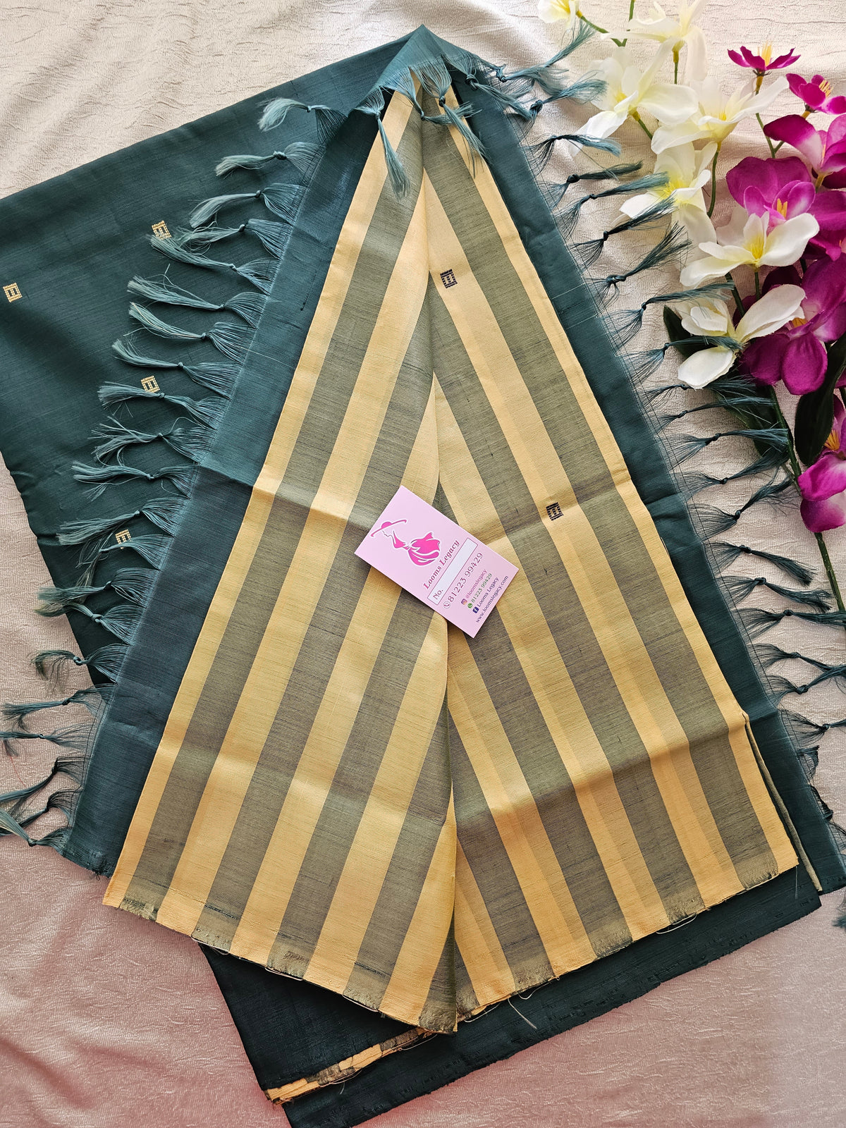 Sandal with Peacock Green Stripes Handwoven Chinnalampattu Saree