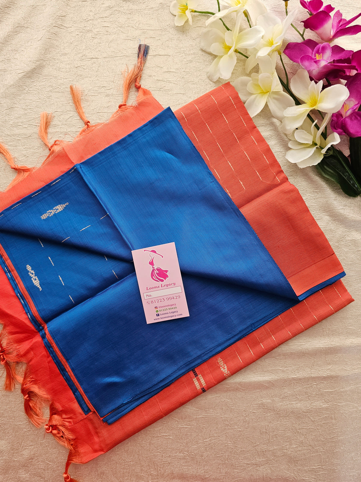 Peacock Blue with Reddish Orange Pallu Handwoven Chinnalampattu Saree