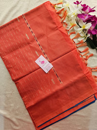 Peacock Blue with Reddish Orange Pallu Handwoven Chinnalampattu Saree