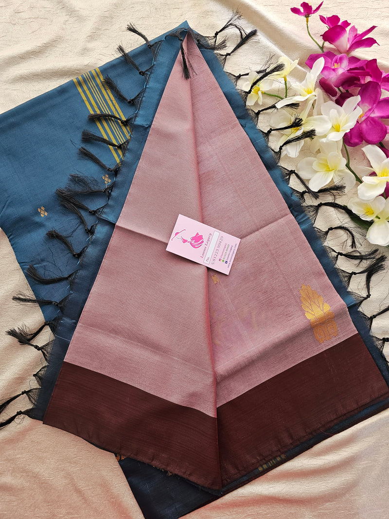 Pastel Maroon with Peacock Blue Border Handwoven Chinnalampattu Saree