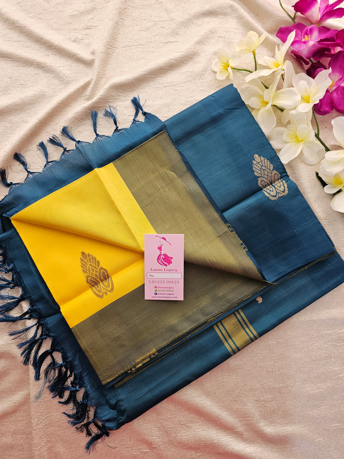 Yellow with Peacock Blue Handwoven Chinnalampattu Saree