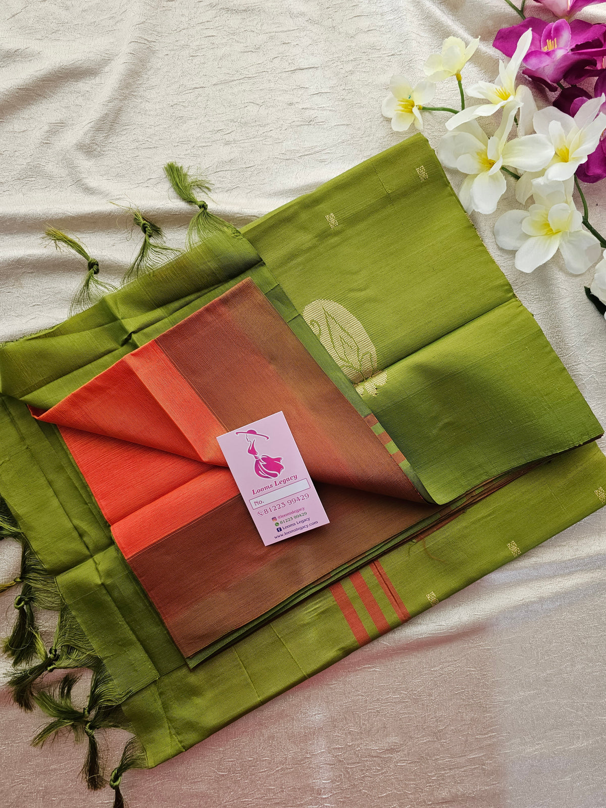 Orange with Green Border Handwoven Chinnalampattu Saree