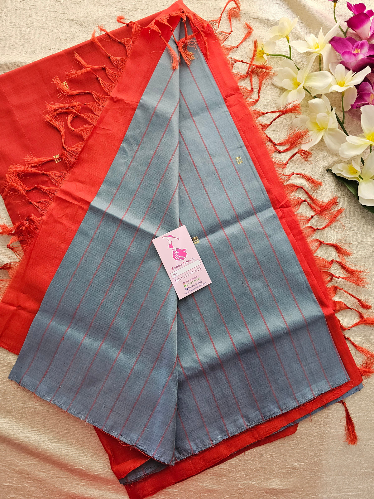 Grey with Red Stripes Pallu Handwoven Chinnalampattu Saree