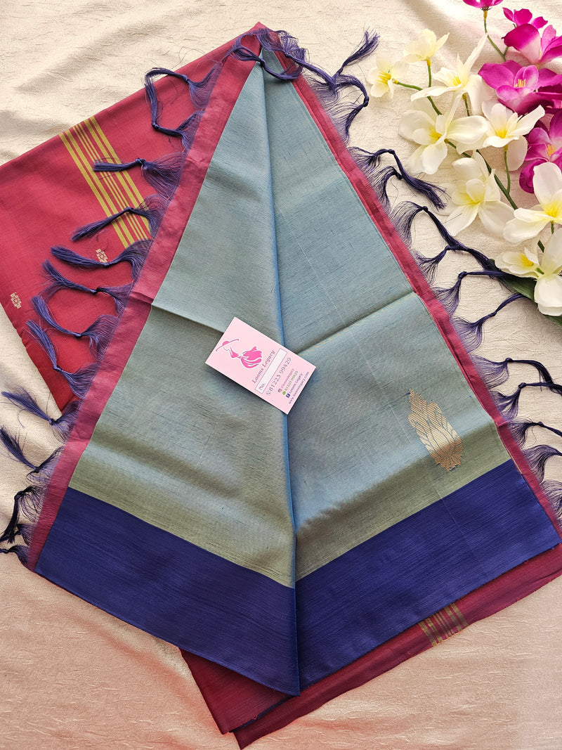 Blue with Maroon Border Handwoven Chinnalampattu Saree