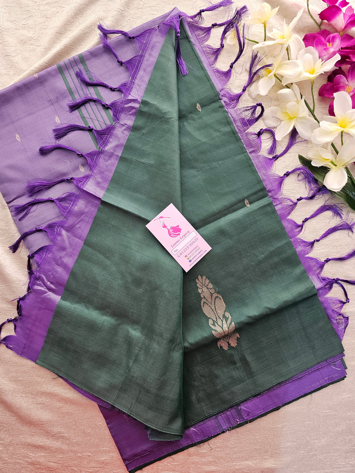 Bottle Green with Lavender Handwoven Chinnalampattu Saree