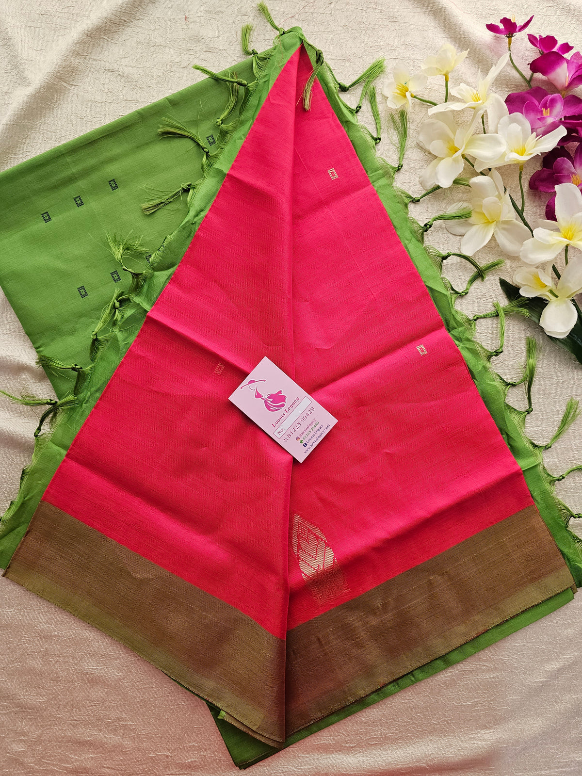 Pink with Green Border Handwoven Chinnalampattu Saree