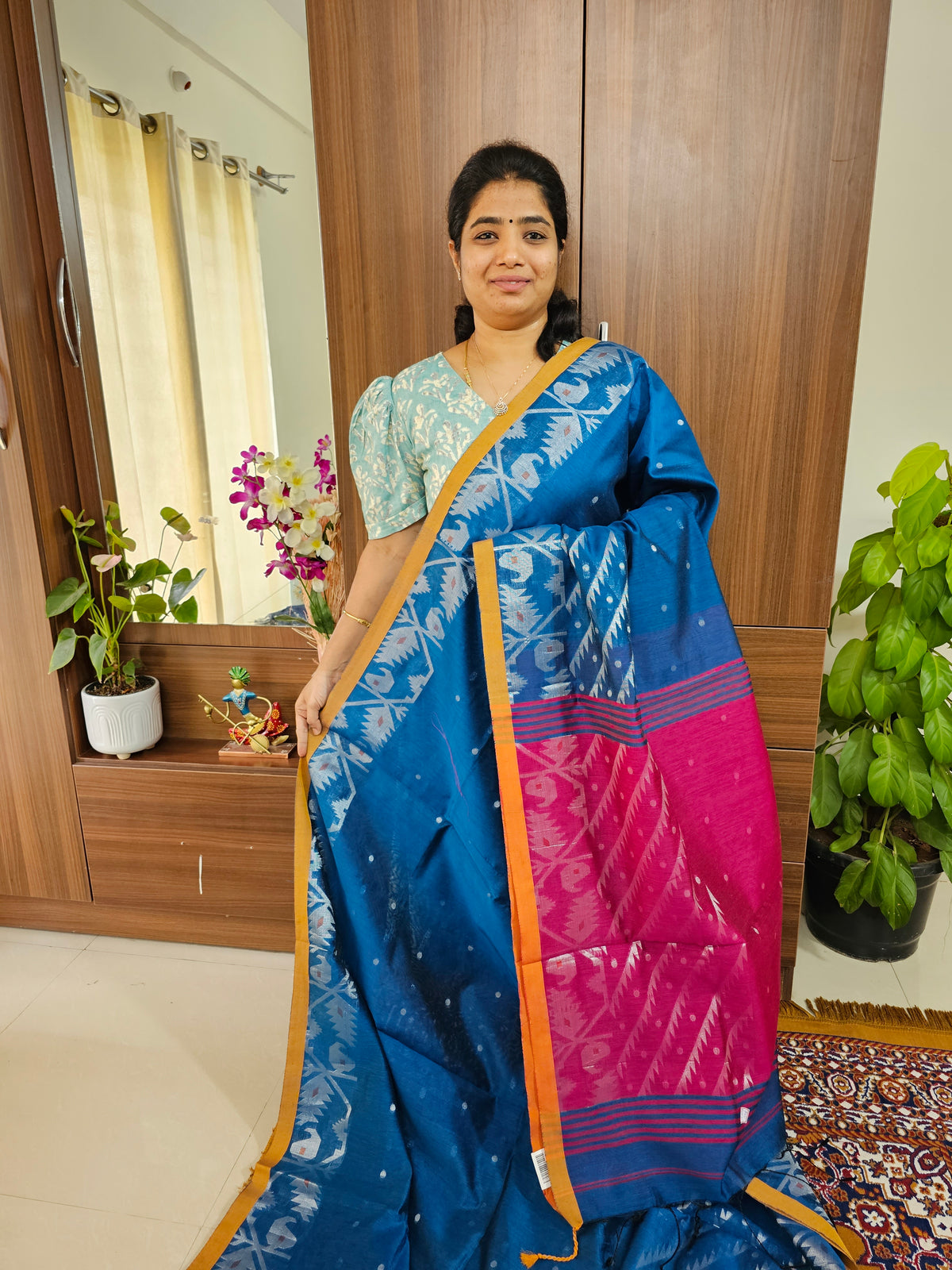 Fancy Silk Cotton - Peacock Blue with Pink