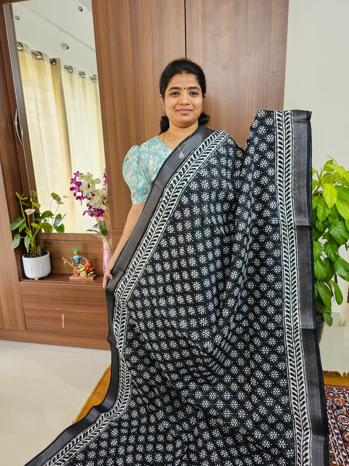 Linen Cotton with Digital Printed Sarees -  Black