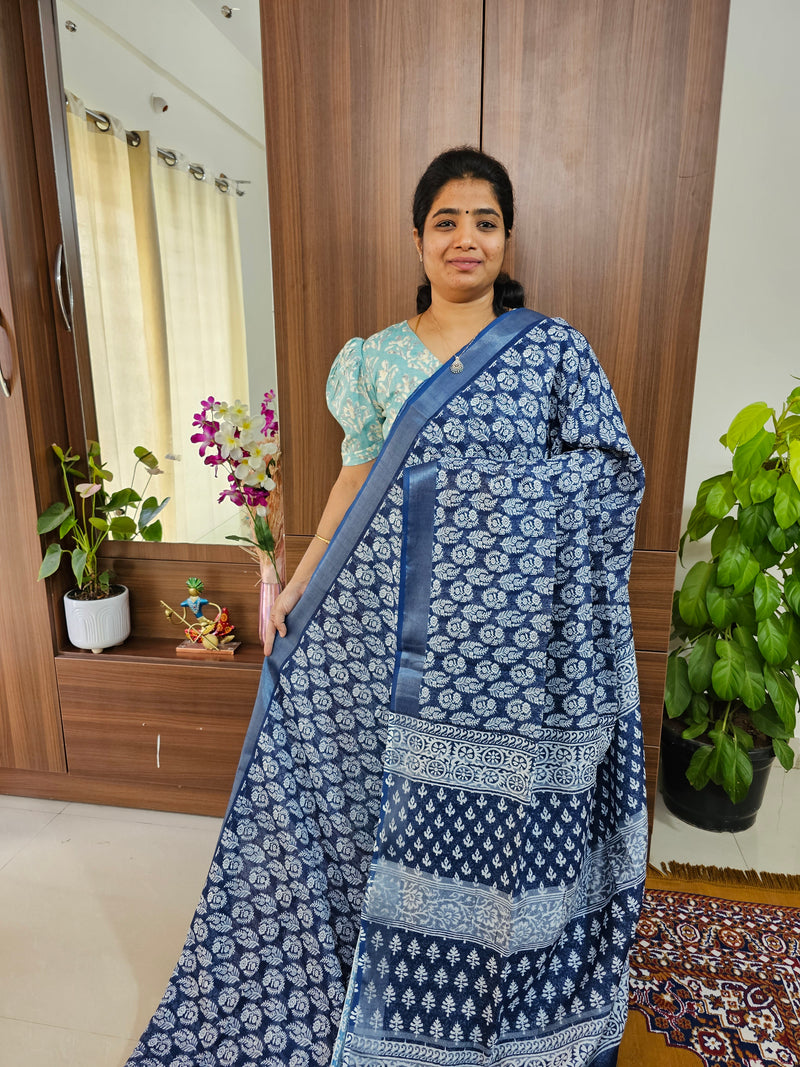 Linen Cotton with Digital Printed Sarees -  Blue